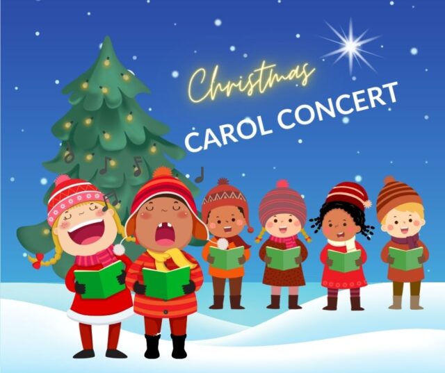 cartoon of children singing with snowy backdrop