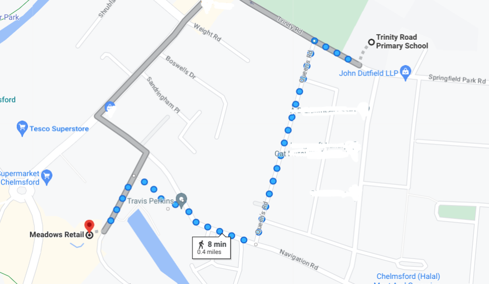 pedestrian route from Meadows retail car park to Trinity Road Primary School